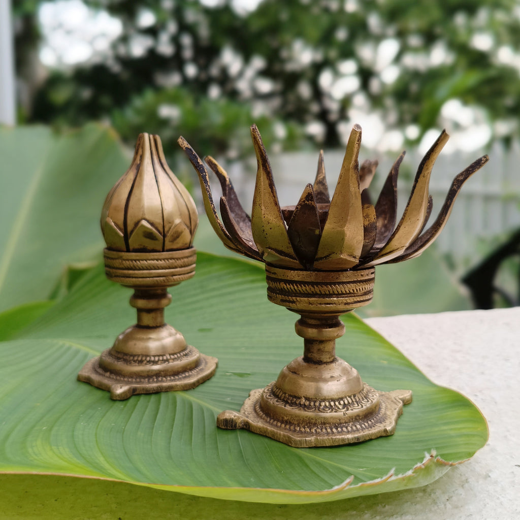 Pair Of Vintage Brass Lotus Design Oil Lamps With 16 Petals. Height 11 cm
