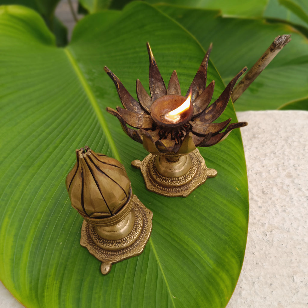 Pair Of Vintage Brass Lotus Design Oil Lamps With 16 Petals. Height 11 cm