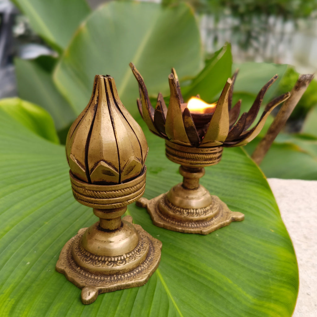 Pair Of Vintage Brass Lotus Design Oil Lamps With 16 Petals. Height 11 cm
