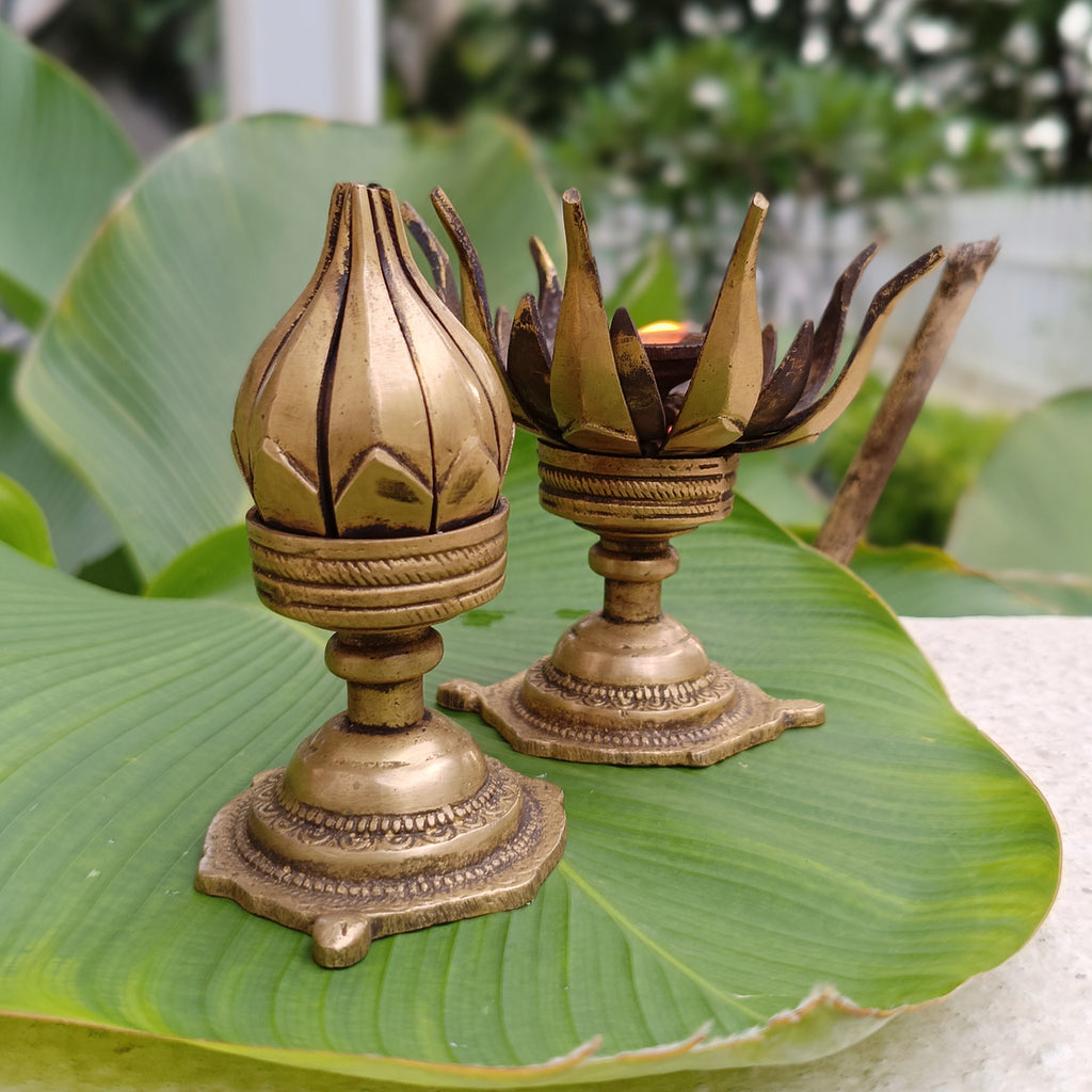 Pair Of Vintage Brass Lotus Design Oil Lamps With 16 Petals. Height 11 cm