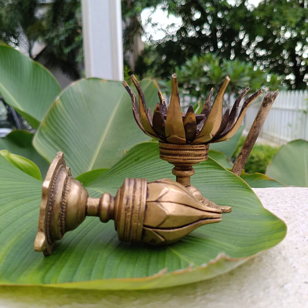Pair Of Vintage Brass Lotus Design Oil Lamps With 16 Petals. Height 11 cm