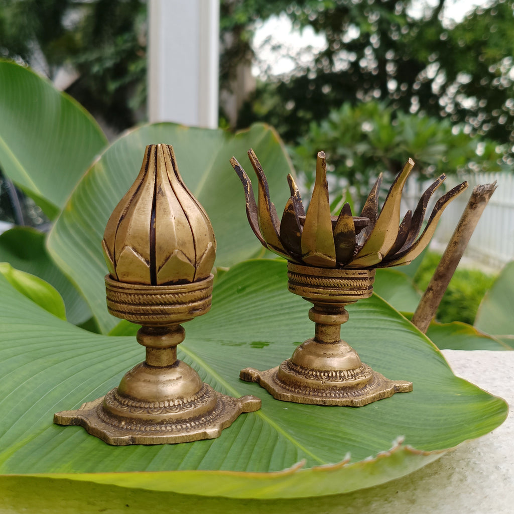 Pair Of Vintage Brass Lotus Design Oil Lamps With 16 Petals. Height 11 cm