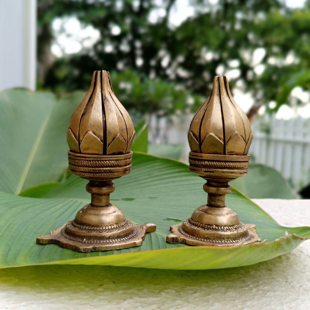 Pair Of Vintage Brass Lotus Design Oil Lamps With 16 Petals. Height 11 cm
