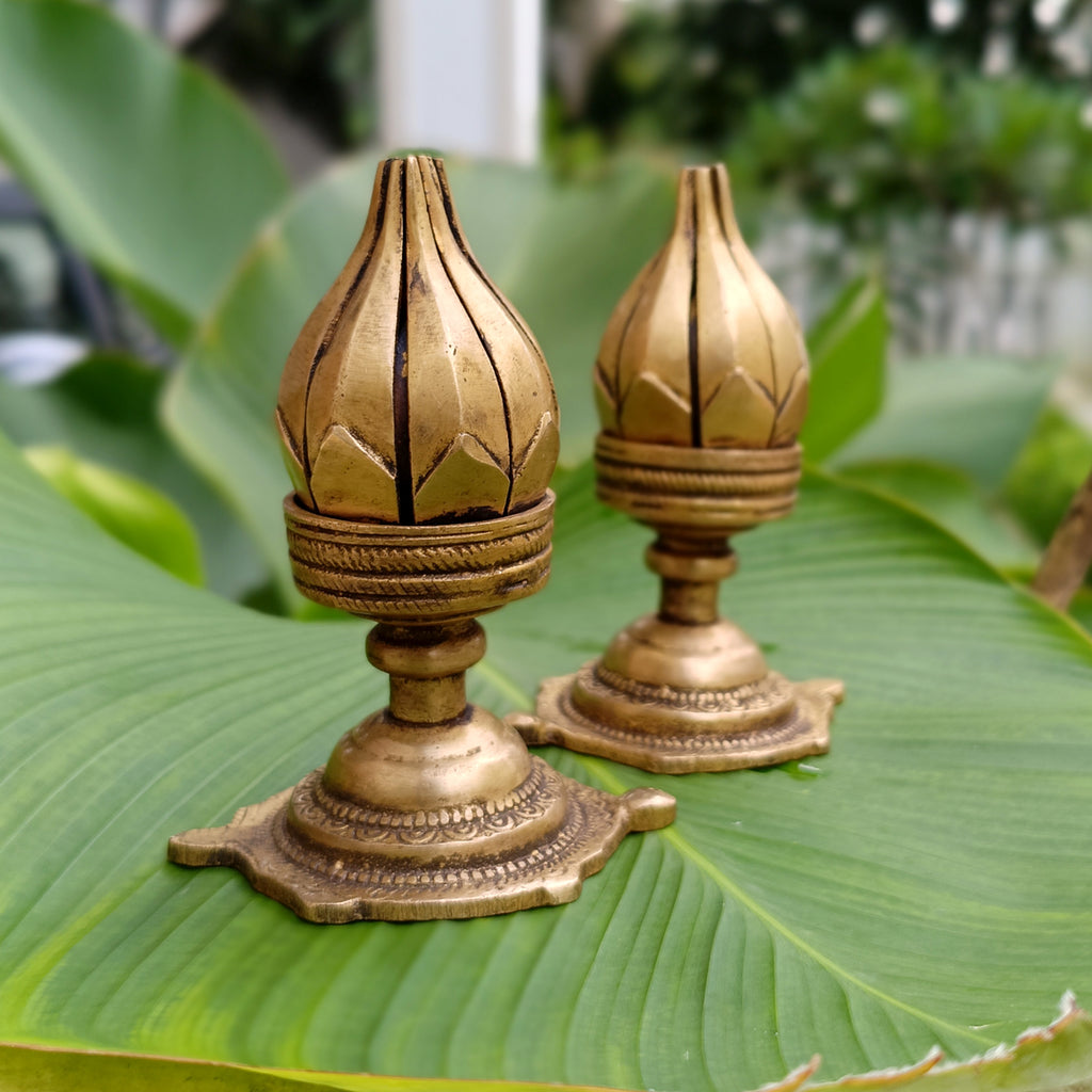 Pair Of Vintage Brass Lotus Design Oil Lamps With 16 Petals. Height 11 cm