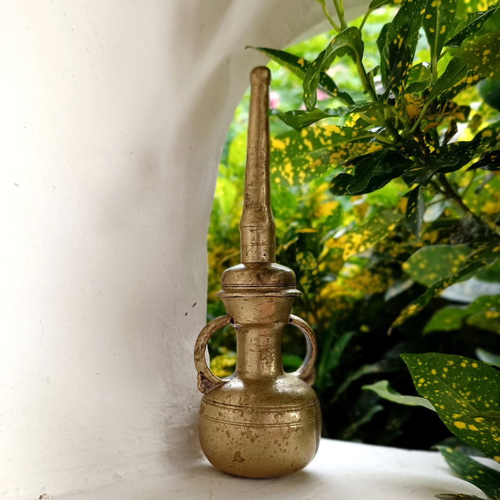 Vintage Brass Oil Dispenser With Twin Handles & Spout For Religious Rituals - Height 20 cm
