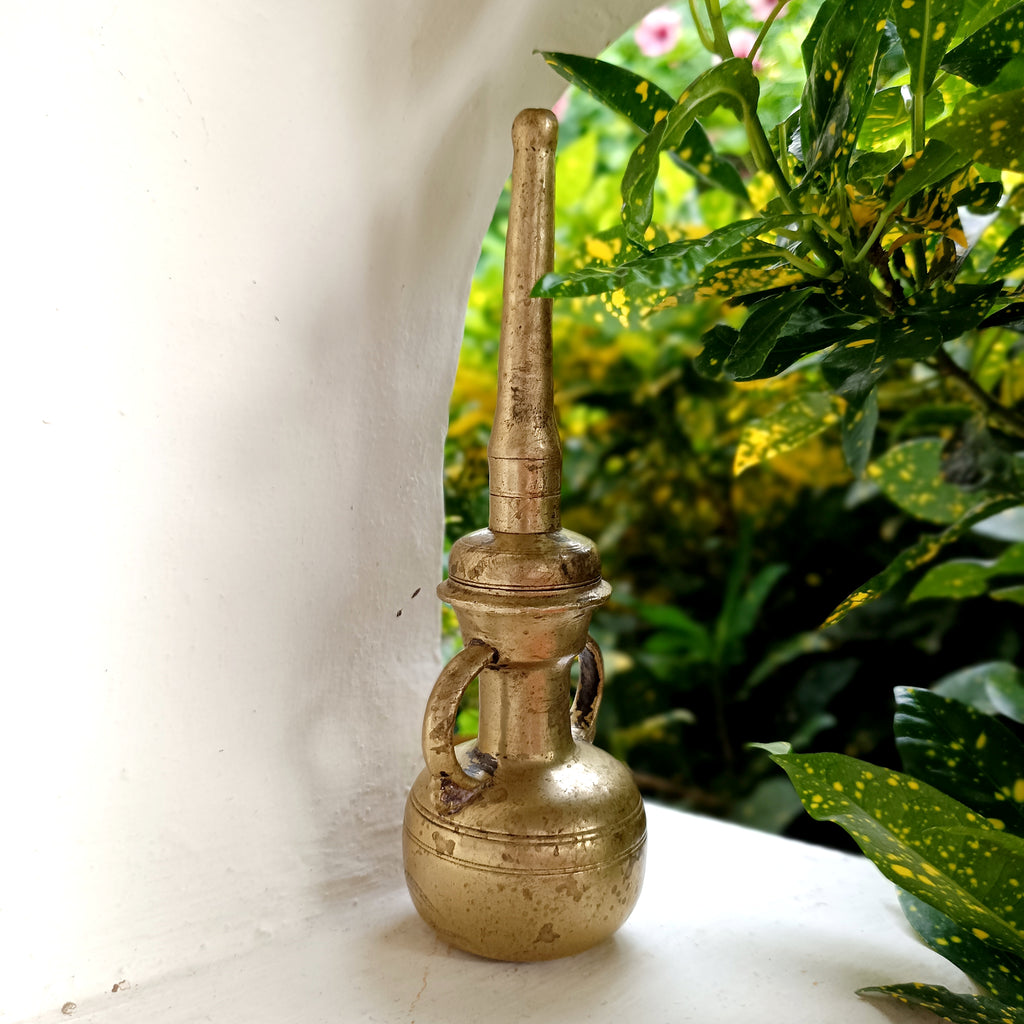 Vintage Brass Oil Dispenser With Twin Handles & Spout For Religious Rituals - Height 20 cm