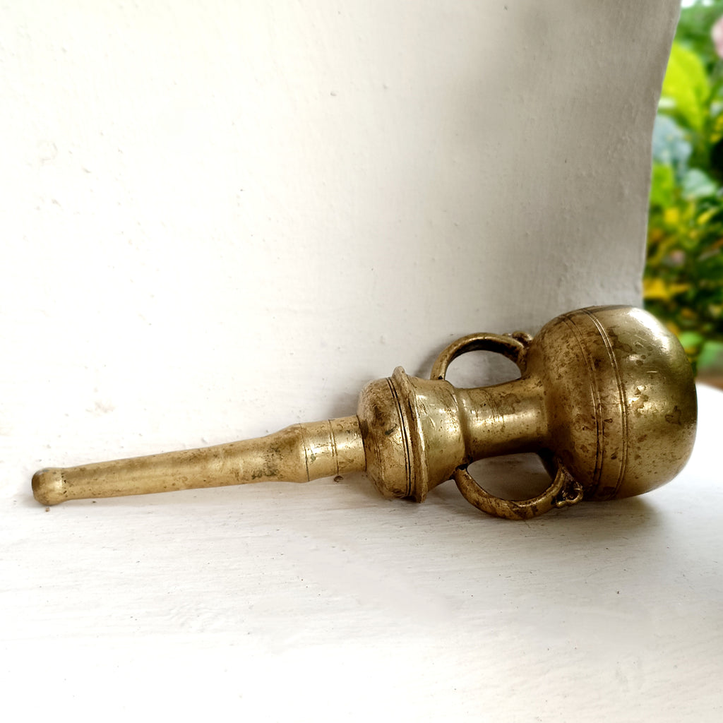 Vintage Brass Oil Dispenser With Twin Handles & Spout For Religious Rituals - Height 20 cm