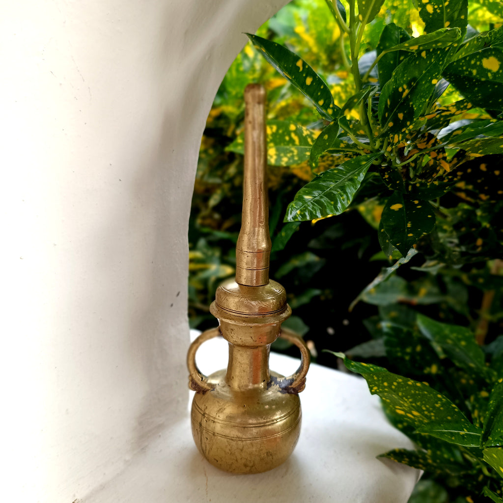 Vintage Brass Oil Dispenser With Twin Handles & Spout For Religious Rituals - Height 20 cm