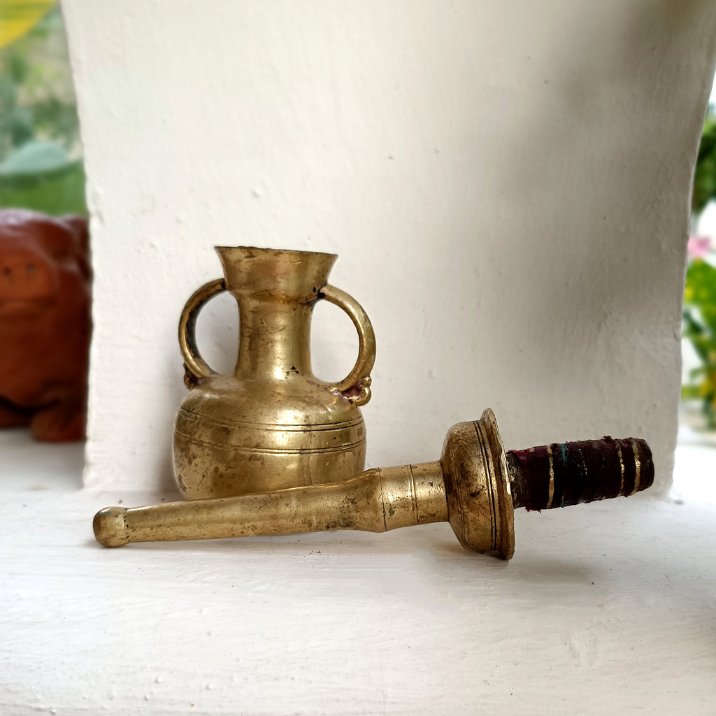 Vintage Brass Oil Dispenser With Twin Handles & Spout For Religious Rituals - Height 20 cm