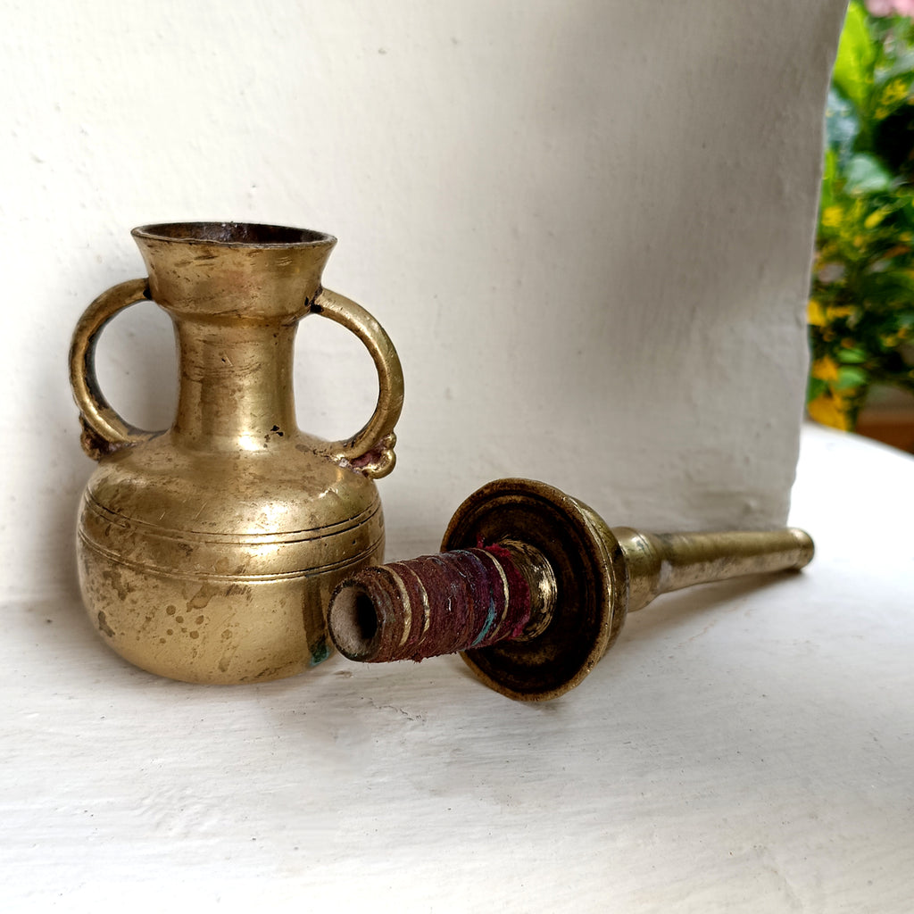 Vintage Brass Oil Dispenser With Twin Handles & Spout For Religious Rituals - Height 20 cm