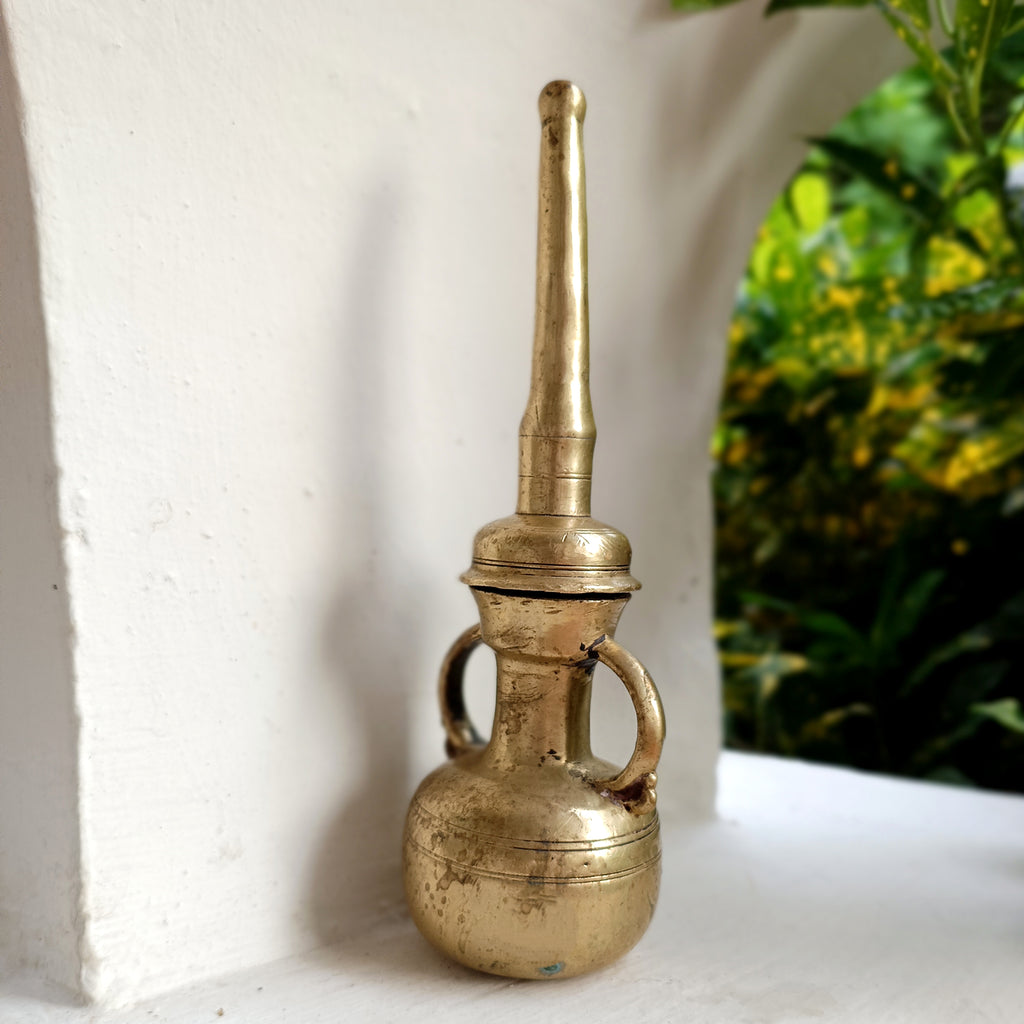 Vintage Brass Oil Dispenser With Twin Handles & Spout For Religious Rituals - Height 20 cm