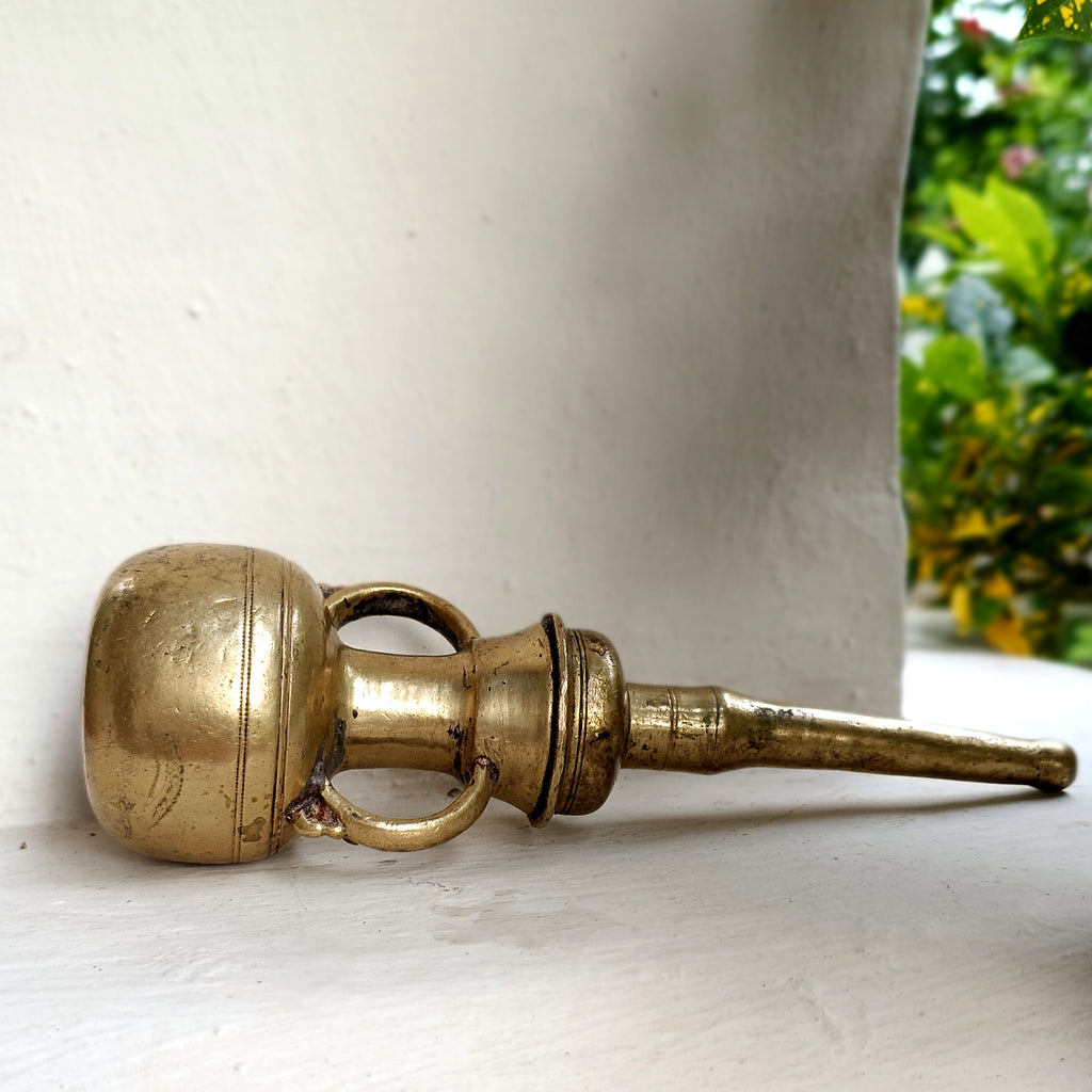 Vintage Brass Oil Dispenser With Twin Handles & Spout For Religious Rituals - Height 20 cm