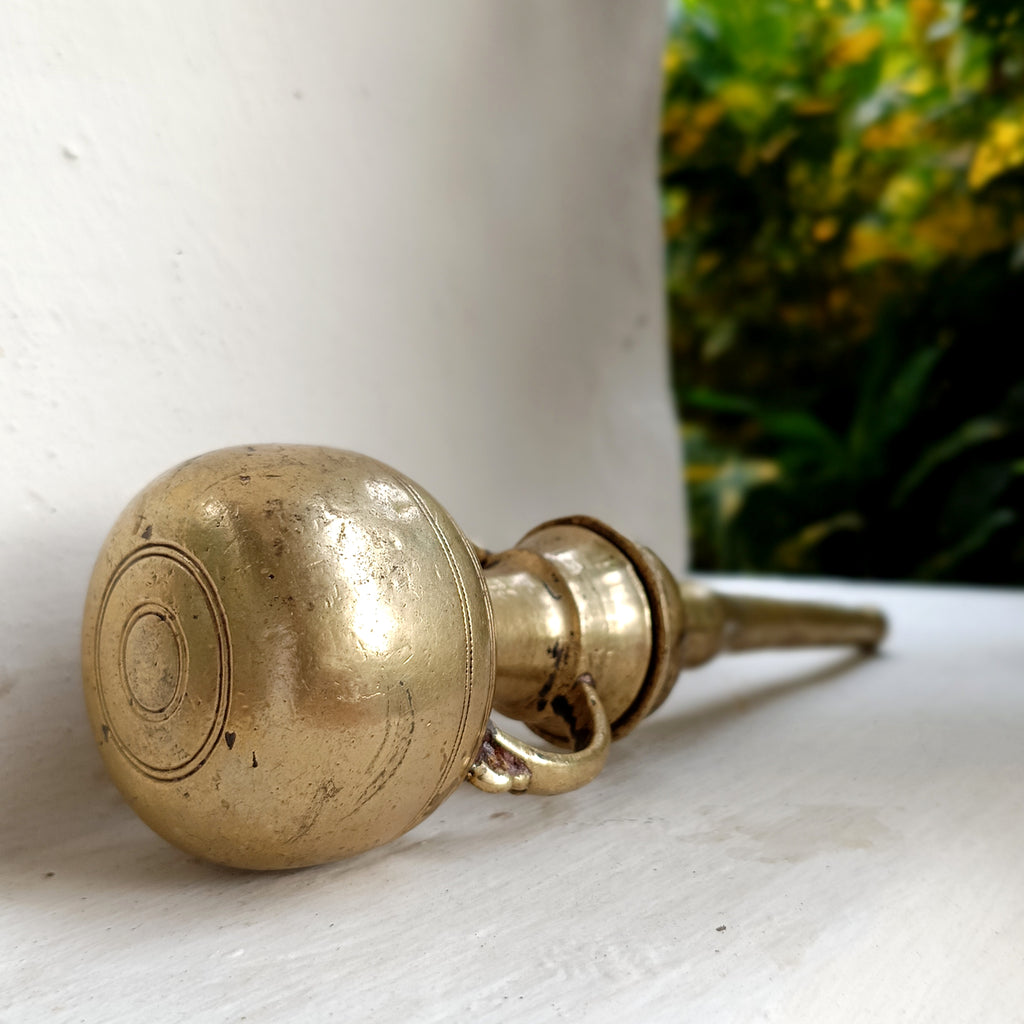 Vintage Brass Oil Dispenser With Twin Handles & Spout For Religious Rituals - Height 20 cm