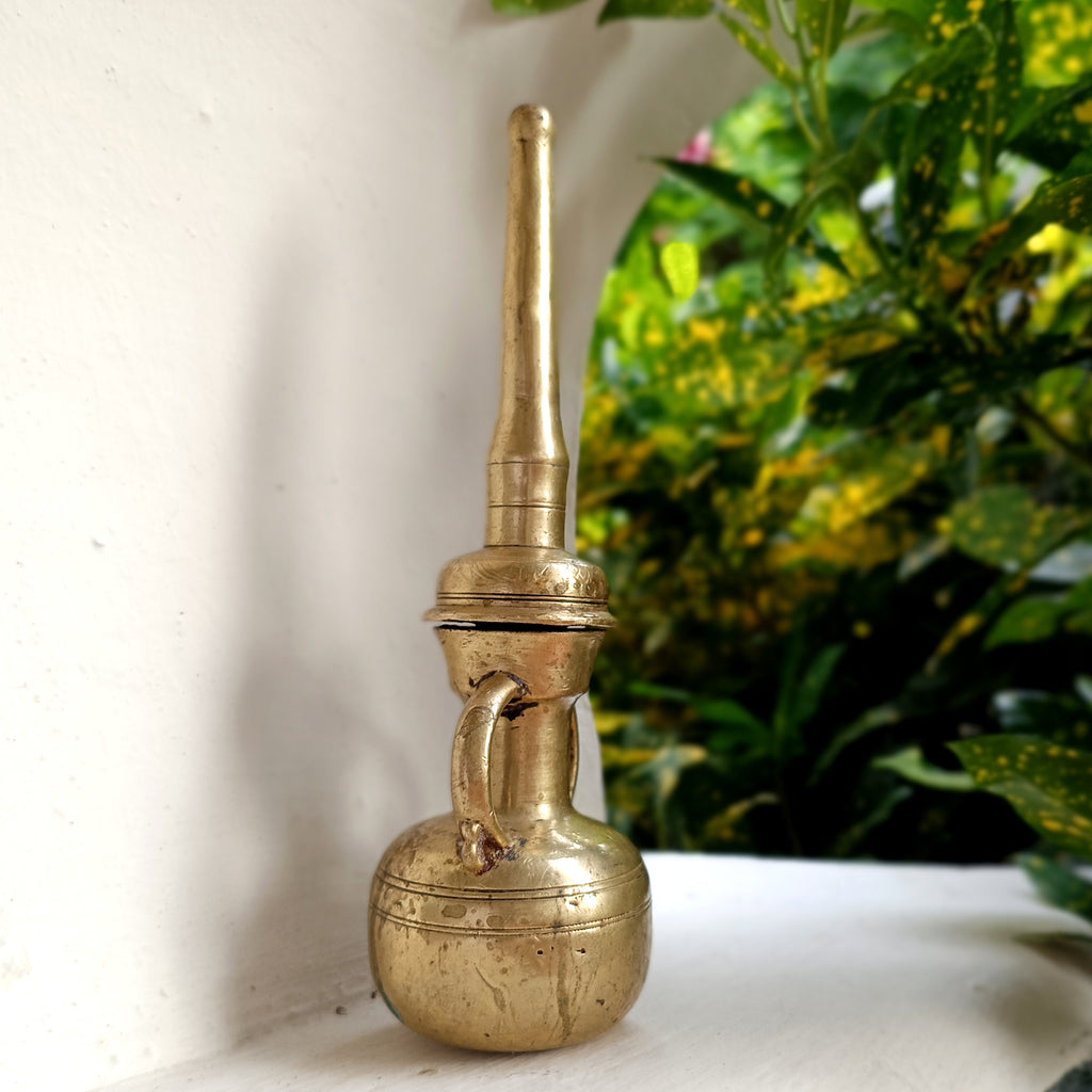 Vintage Brass Oil Dispenser With Twin Handles & Spout For Religious Rituals - Height 20 cm