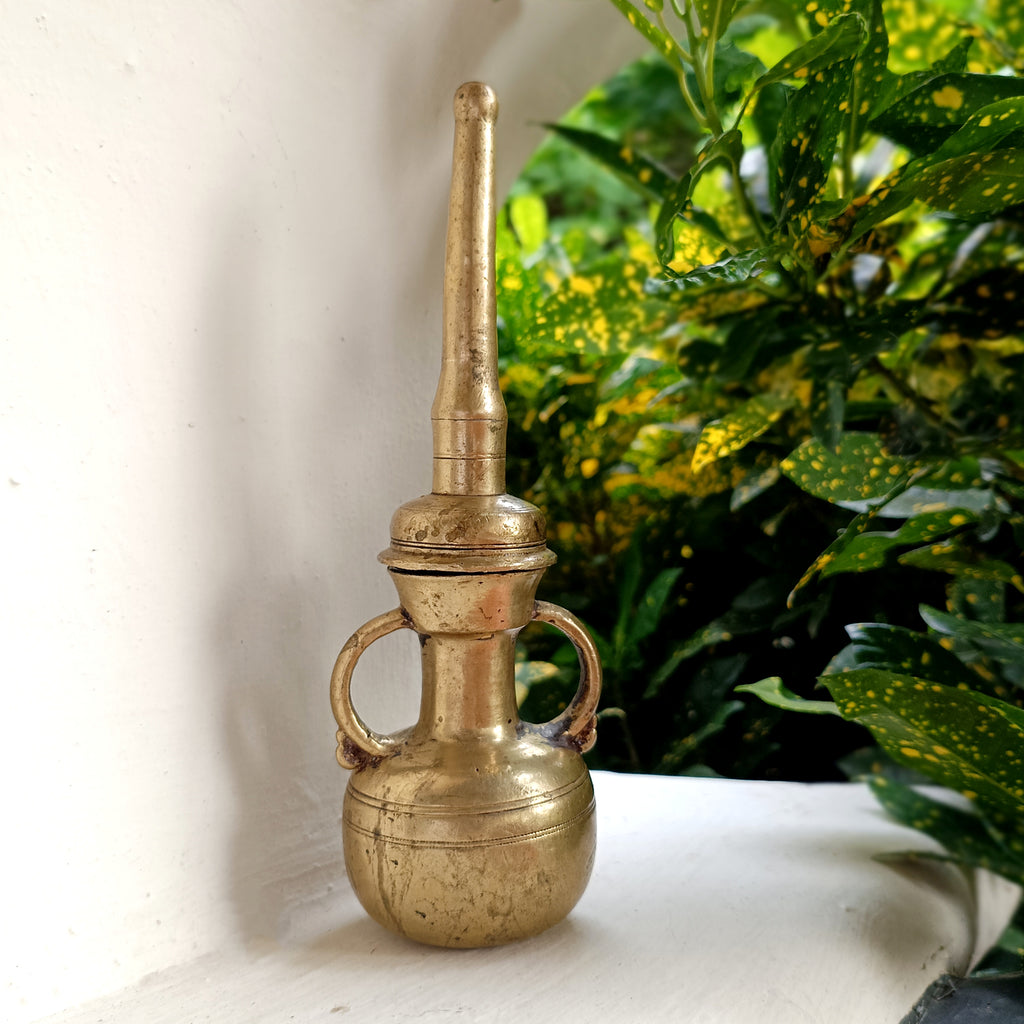 Vintage Brass Oil Dispenser With Twin Handles & Spout For Religious Rituals - Height 20 cm