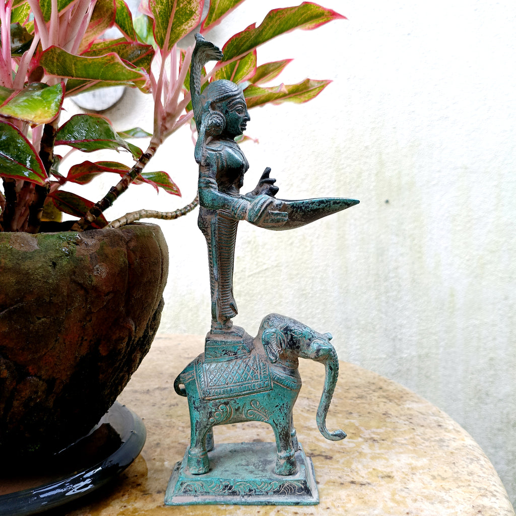 Magnificent Brass Sculpture Of Deep Lakshmi Standing On An Elephant . Height 30 cm