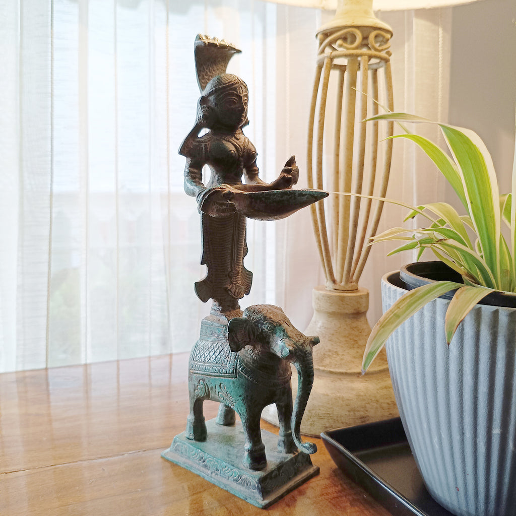 Magnificent Brass Sculpture Of Deep Lakshmi Standing On An Elephant . Height 30 cm