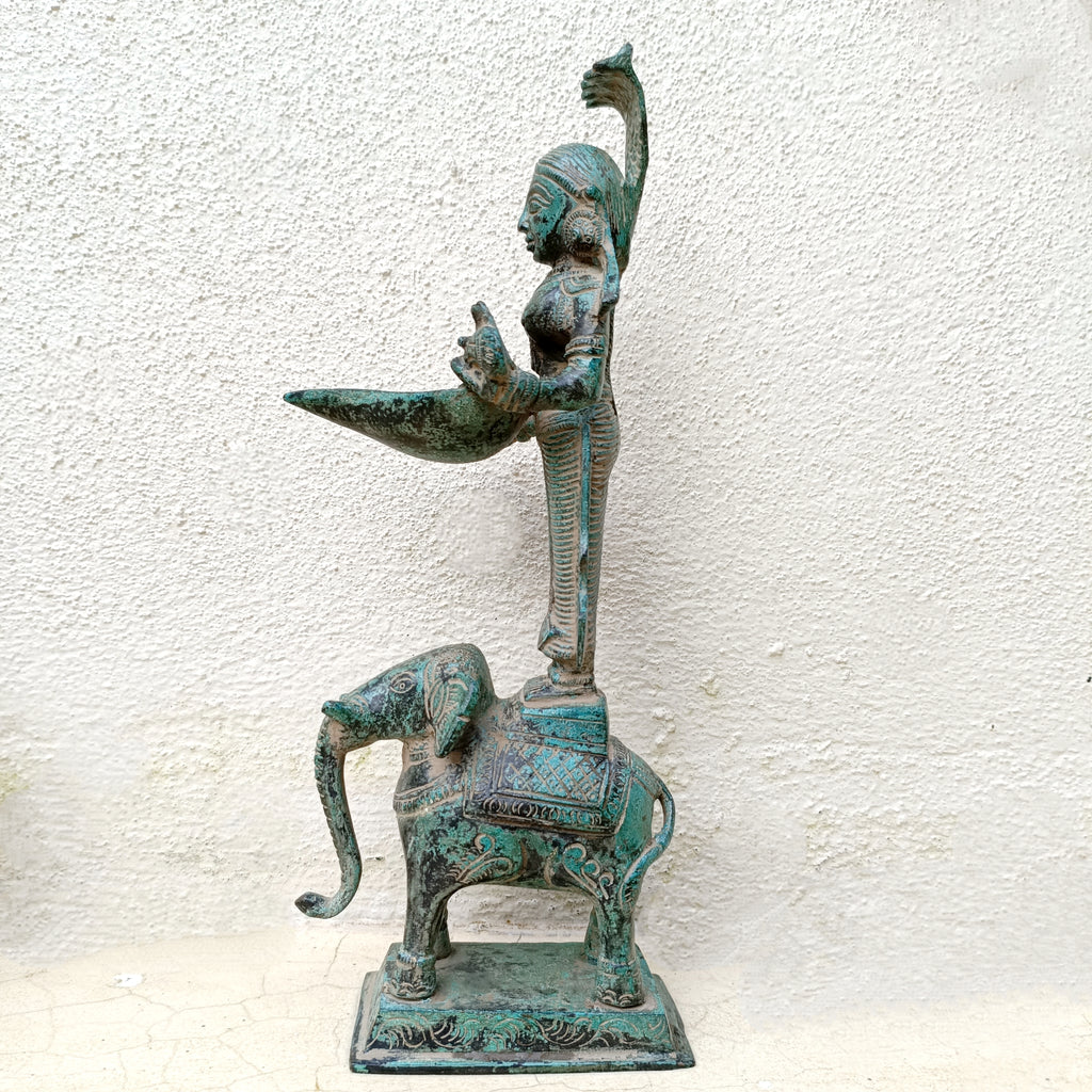 Magnificent Brass Sculpture Of Deep Lakshmi Standing On An Elephant . Height 30 cm
