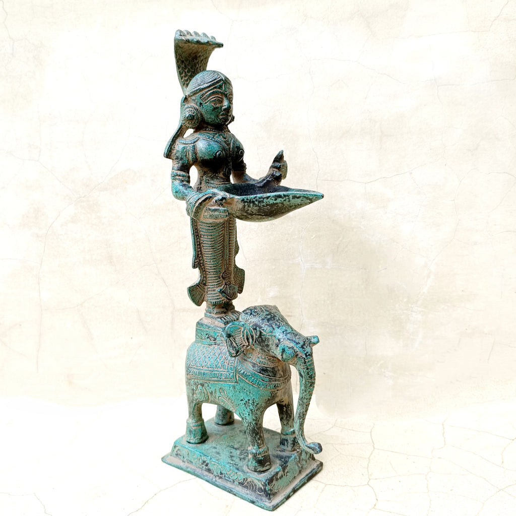 Magnificent Brass Sculpture Of Deep Lakshmi Standing On An Elephant . Height 30 cm