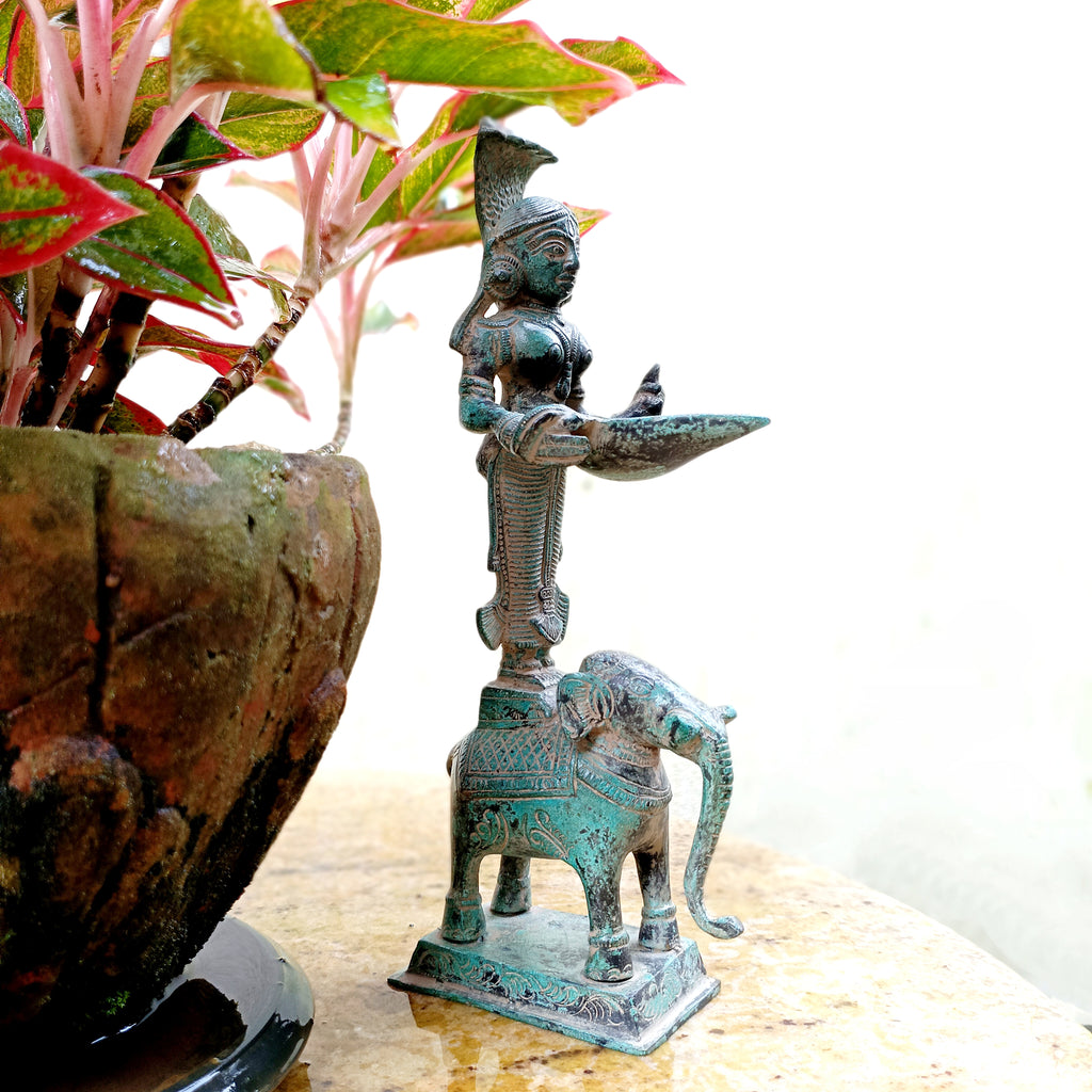 Magnificent Brass Sculpture Of Deep Lakshmi Standing On An Elephant . Height 30 cm