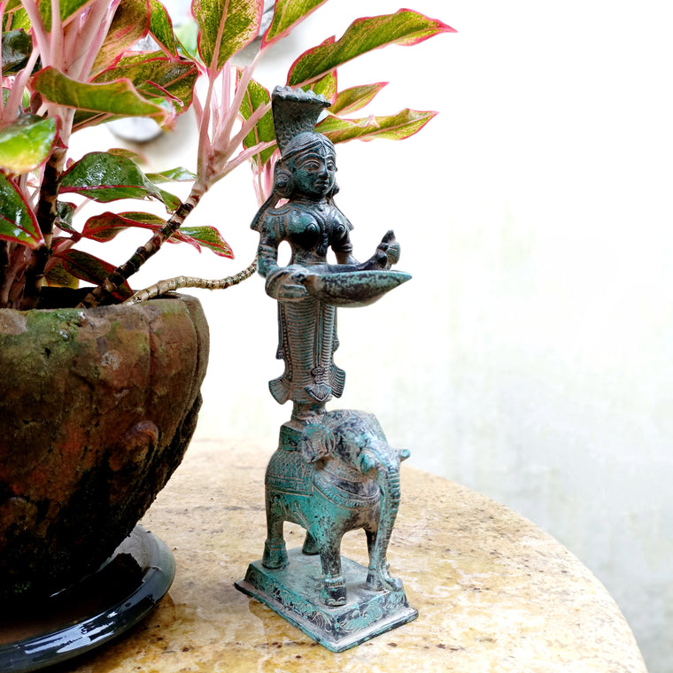 Magnificent Brass Sculpture Of Deep Lakshmi Standing On An Elephant . Height 30 cm