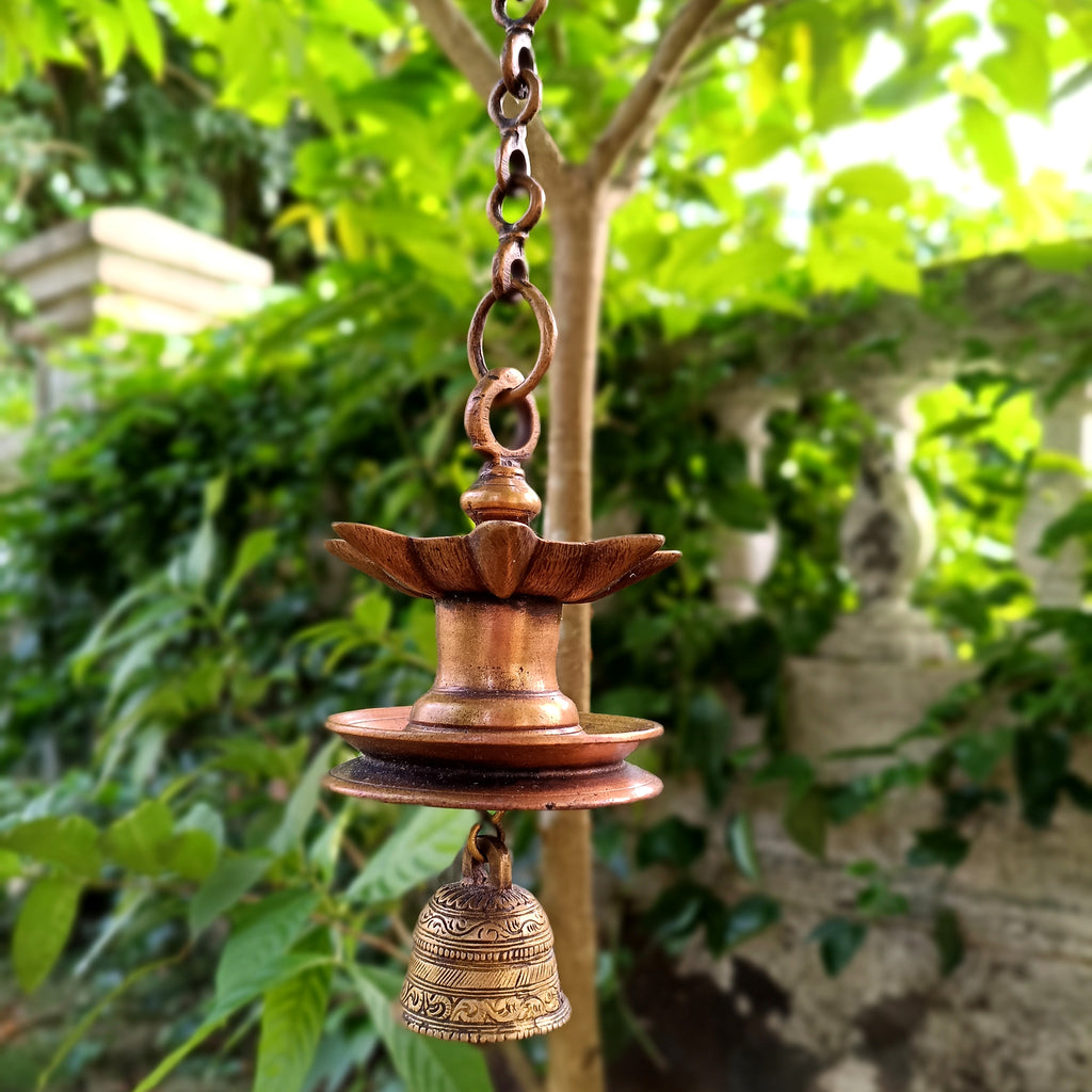 Traditional Brass Lamp With Bell - "Thooku Vilakku" From South India. Length 63 cm x Diameter 11 cm
