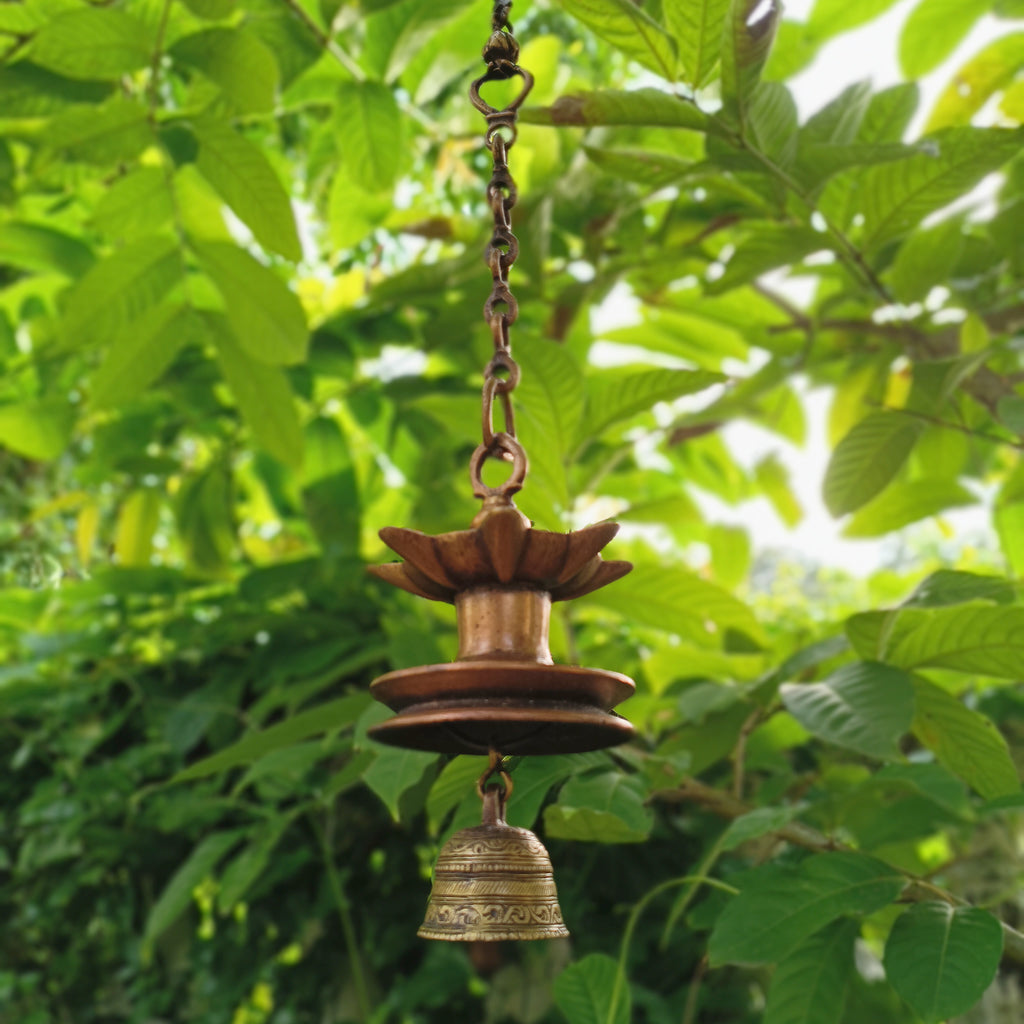 Traditional Brass Lamp With Bell - "Thooku Vilakku" From South India. Length 63 cm x Diameter 11 cm