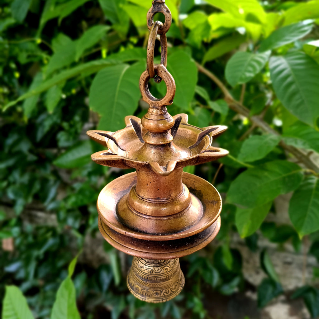 Traditional Brass Lamp With Bell - "Thooku Vilakku" From South India. Length 63 cm x Diameter 11 cm