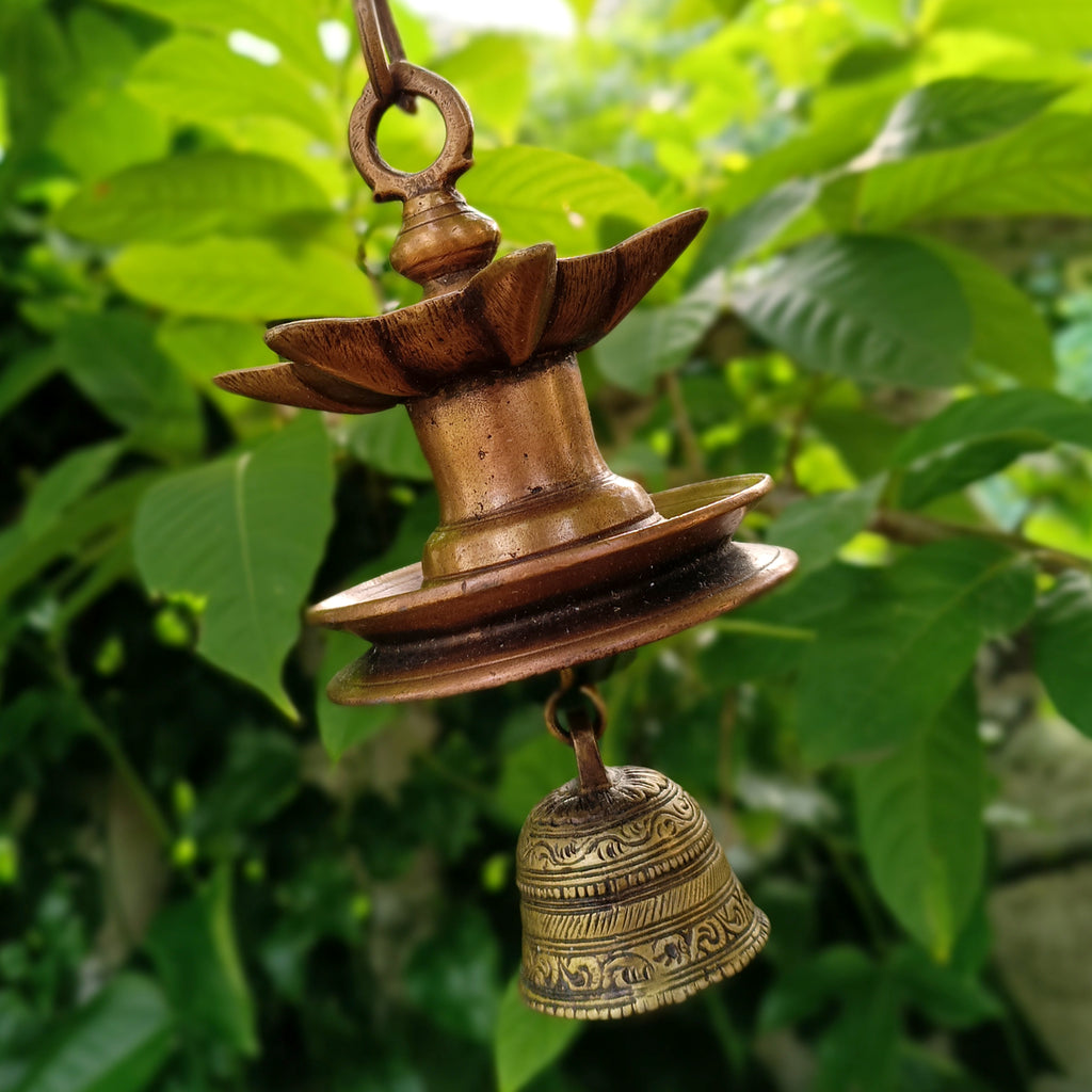 Traditional Brass Lamp With Bell - "Thooku Vilakku" From South India. Length 63 cm x Diameter 11 cm
