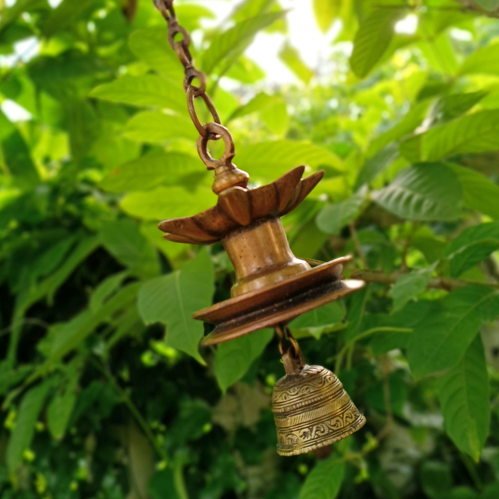 Traditional Brass Lamp With Bell - "Thooku Vilakku" From South India. Length 63 cm x Diameter 11 cm