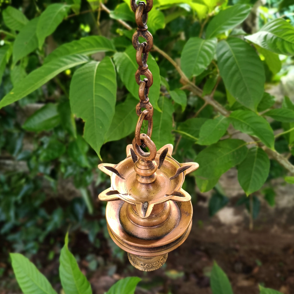 Traditional Brass Lamp With Bell - "Thooku Vilakku" From South India. Length 63 cm x Diameter 11 cm