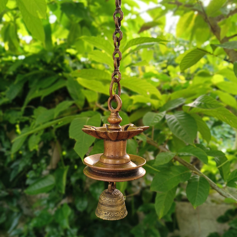 Traditional Brass Lamp With Bell - "Thooku Vilakku" From South India. Length 63 cm x Diameter 11 cm
