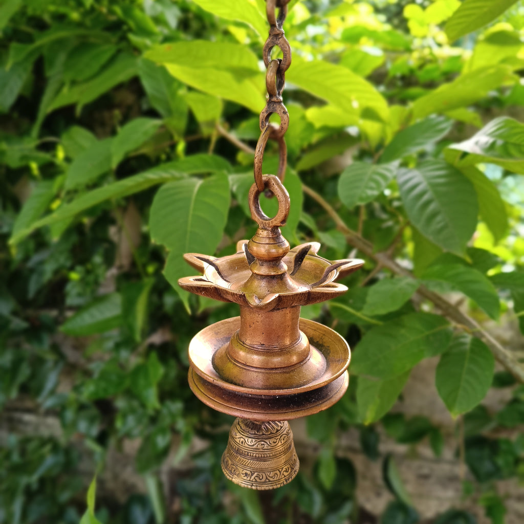 Traditional Brass Lamp With Bell - "Thooku Vilakku" From South India. Length 63 cm x Diameter 11 cm