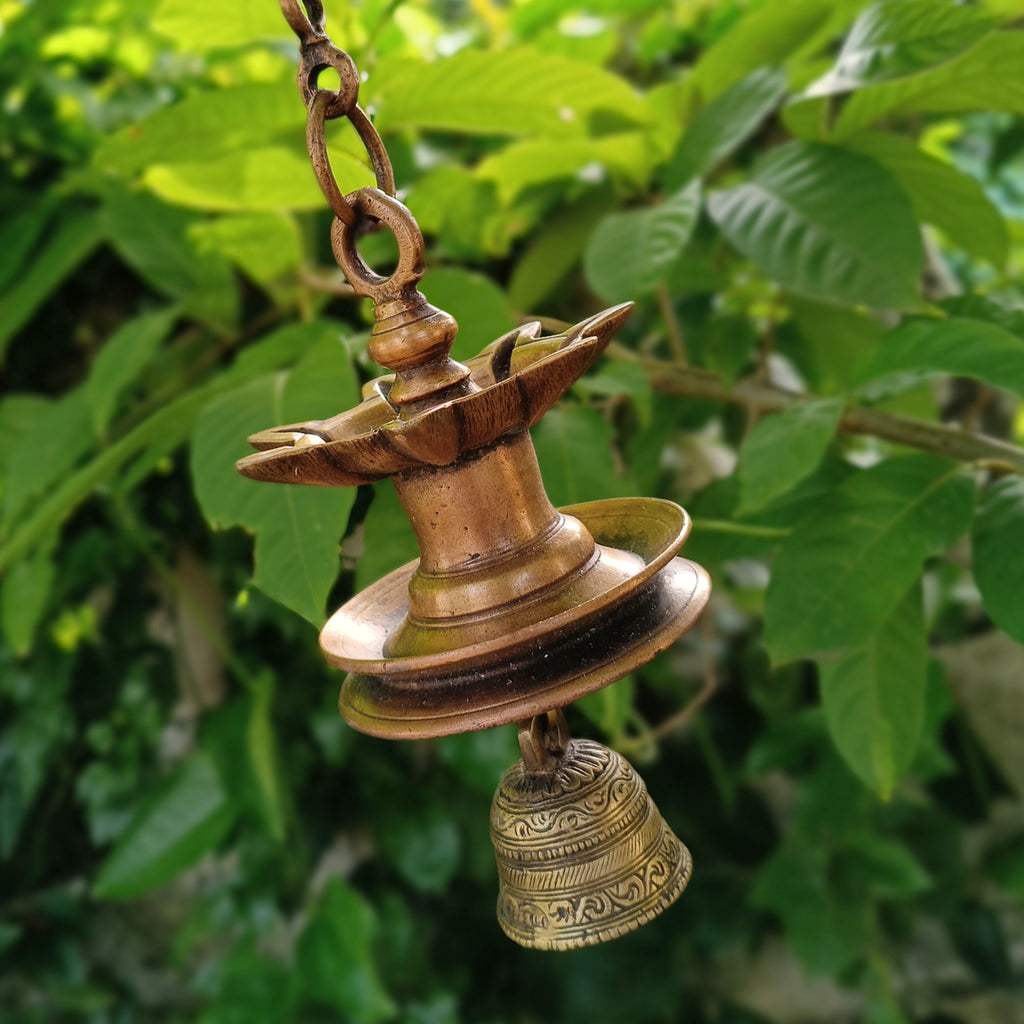 Traditional Brass Lamp With Bell - "Thooku Vilakku" From South India. Length 63 cm x Diameter 11 cm