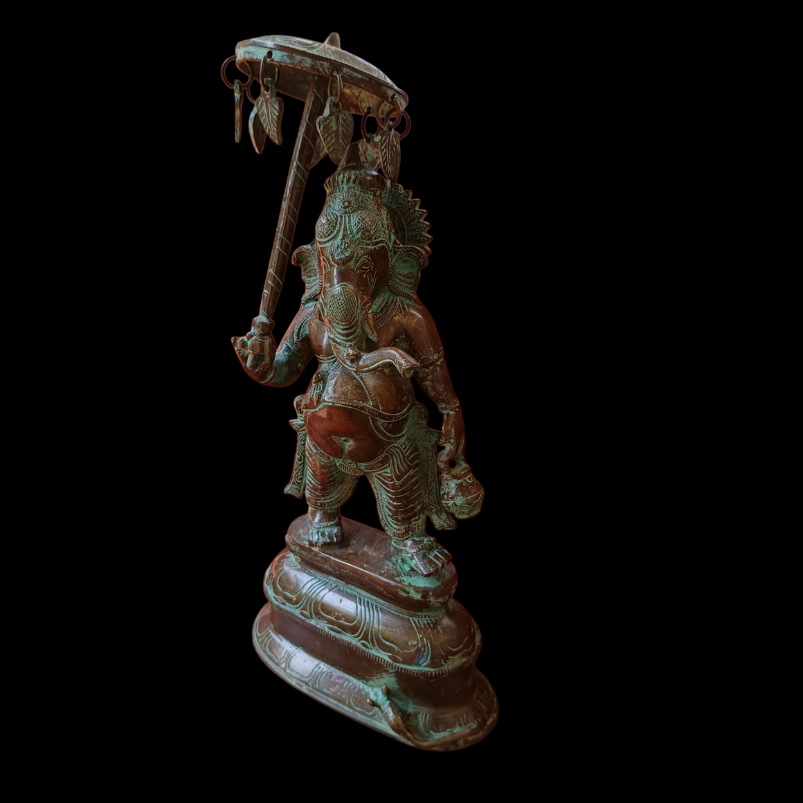 Traditional Ganesha Statue Standing Under Umbrella Holding Modaka & Water Vessel. Height 40 cm