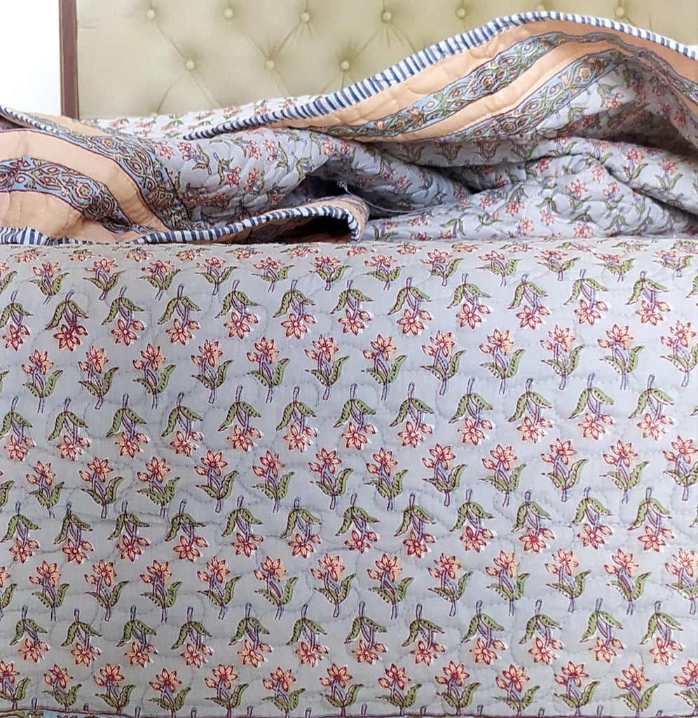Reversible Cotton Comforter, Bedspread, Quilt Block Printed With Peach & Green Floral Prints - L 260 cm x W 215 cm