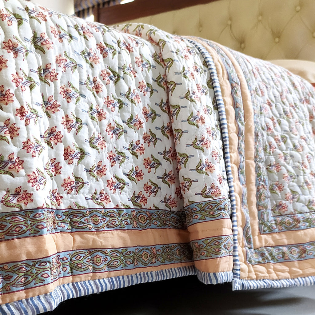 Reversible Cotton Comforter, Bedspread, Quilt Block Printed With Peach & Green Floral Prints - L 260 cm x W 215 cm