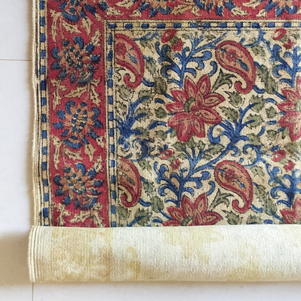 Handwoven Pure Cotton Kalamkari Rug | Dhurrie With Floral Prints In Burgundy & Royal Blue Colours. Length 5 ft x Width 3 ft