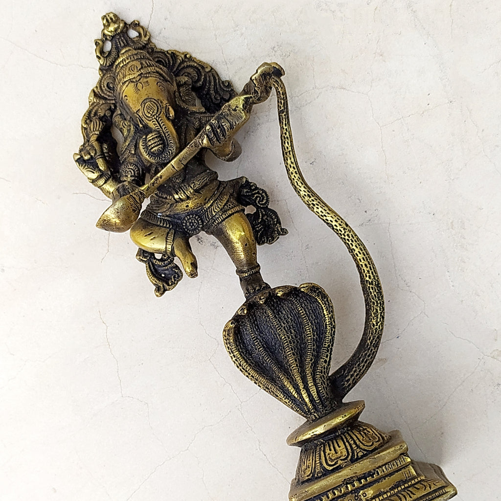 Brass Sculpture Of Lord Ganesha Dancing on Kaliya - The 5 Headed Serpent. Ht 26 cm x W 11 cm
