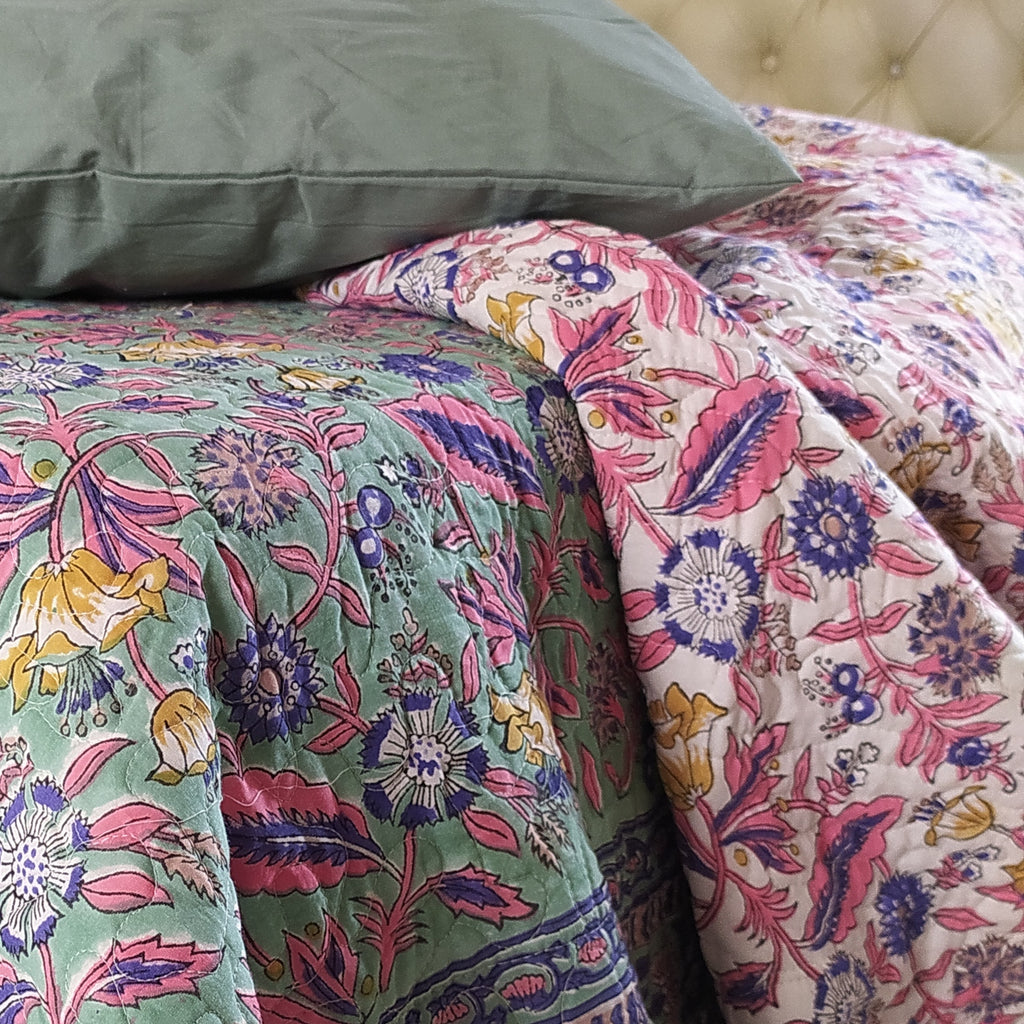 Reversible Pure Cotton Comforter | Quilt Block Printed With Pastel Blue & Green, Pink & White Floral Prints - L 260 cm x W 215 cm