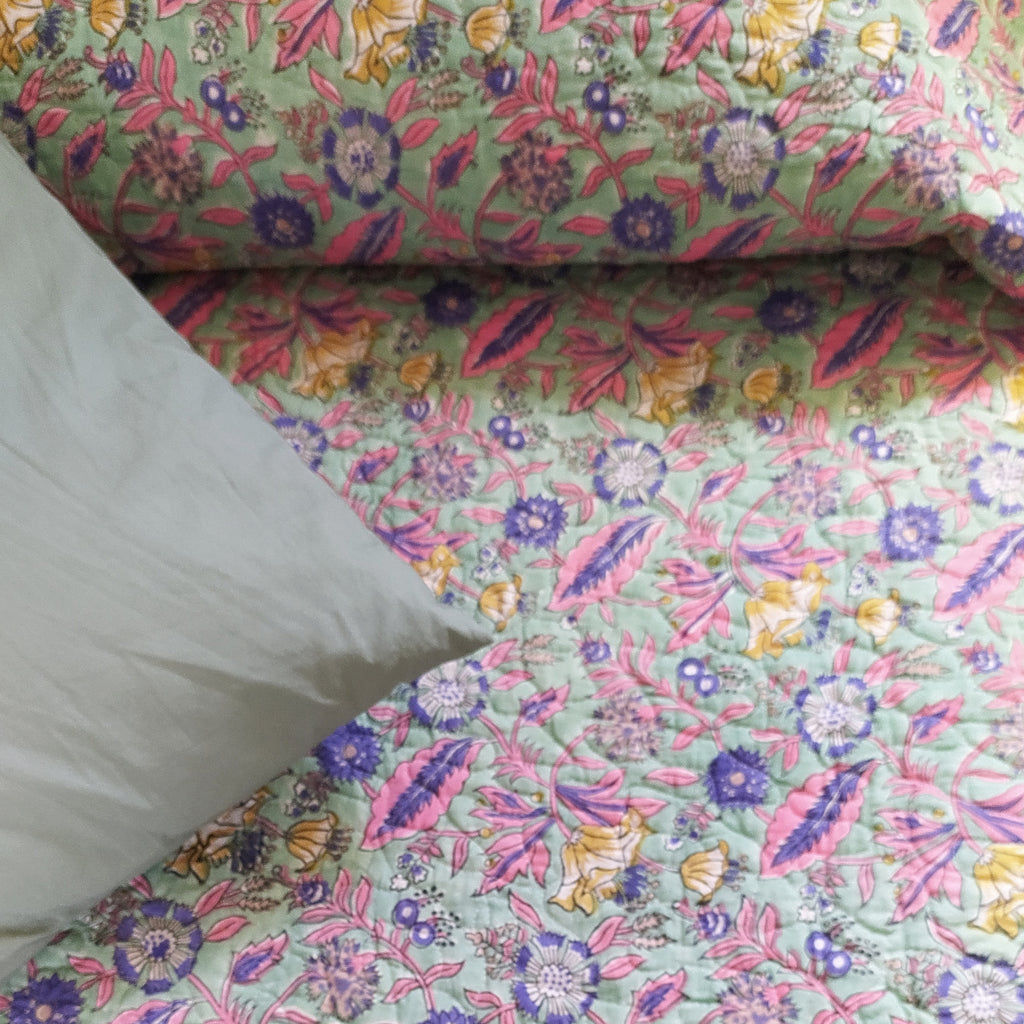 Reversible Pure Cotton Comforter | Quilt Block Printed With Pastel Blue & Green, Pink & White Floral Prints - L 260 cm x W 215 cm