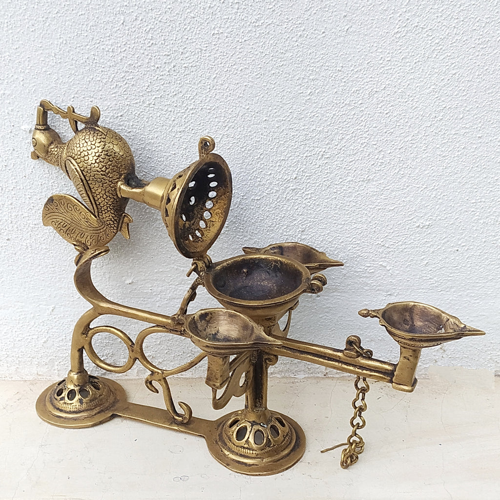 Majestic Brass Aarti | Prayer Lamp With Mythical Hamsa. L 36 cm x Ht 33 cm x W 18 cm