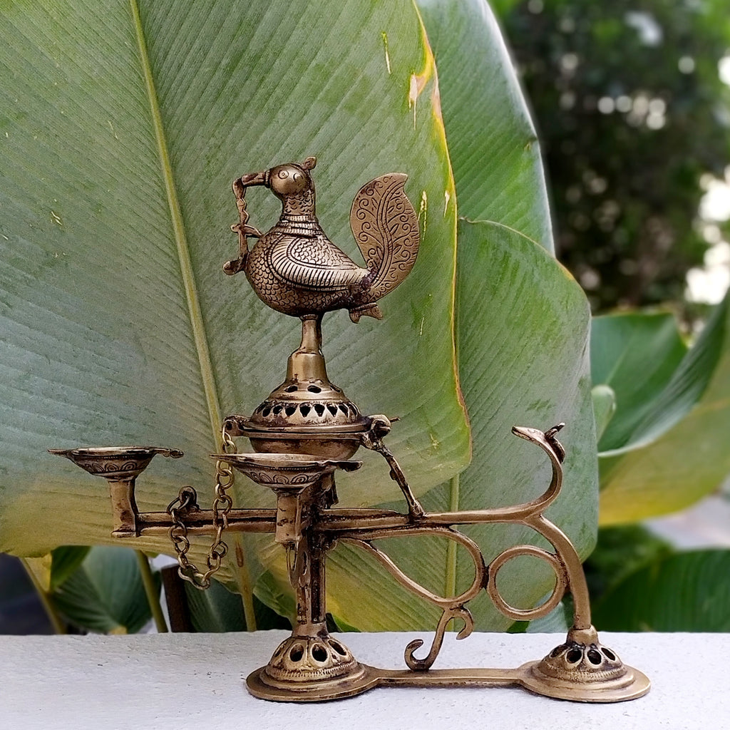 Majestic Brass Aarti | Prayer Lamp With Mythical Hamsa. L 36 cm x Ht 33 cm x W 18 cm