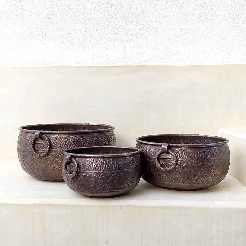 Set of 3 Brass Planters With A Rich Brown Patina Embossed with Floral Motifs. Diameter 30 | 26 | 20 cm x Height 16 | 13 | 11 cm