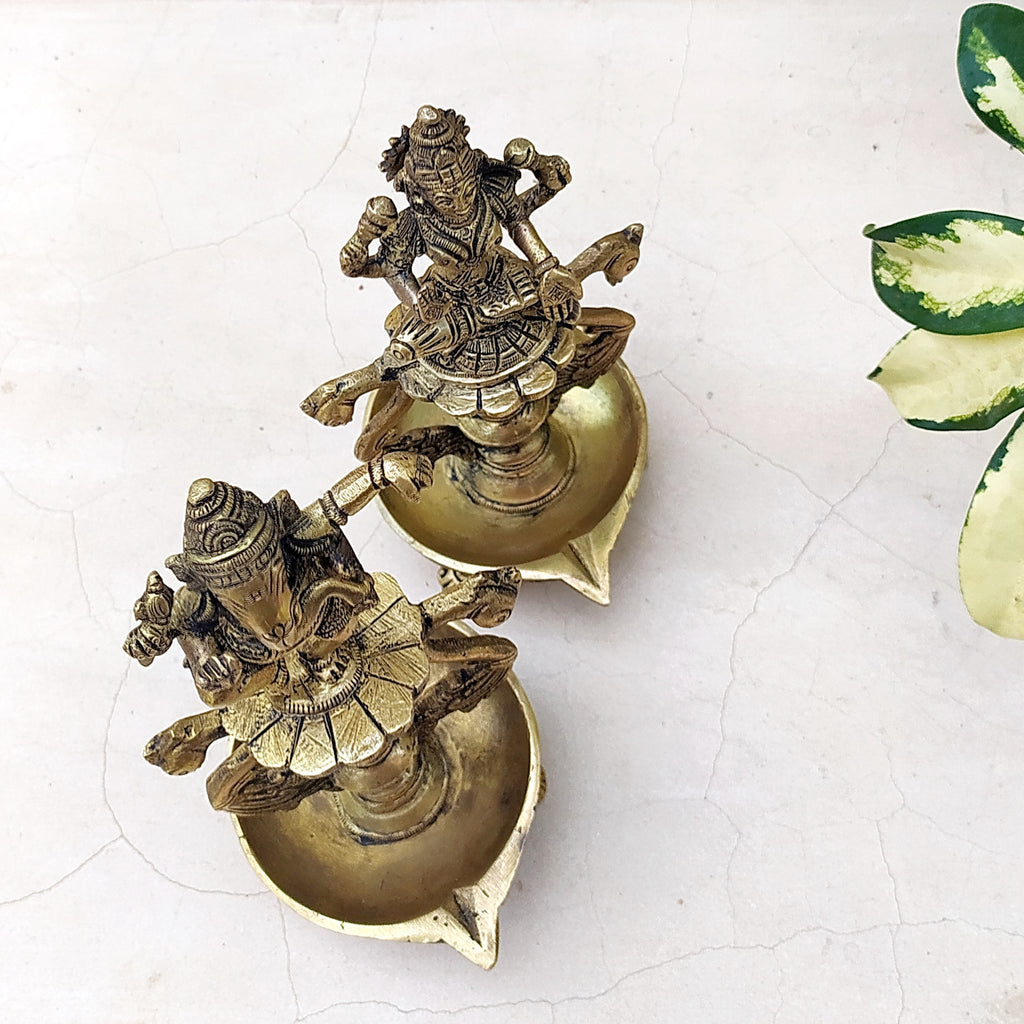 Set of 2 Hand Crafted Oil Lamps Of Hindu Deities Lord Ganesha and Goddess Lakshmi - Height 20 cm x Dia 9 cm