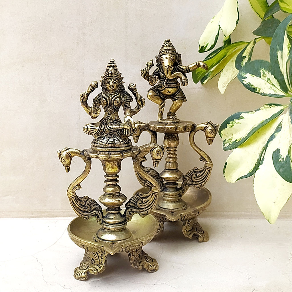 Set of 2 Hand Crafted Oil Lamps Of Hindu Deities Lord Ganesha and Goddess Lakshmi - Height 20 cm x Dia 9 cm