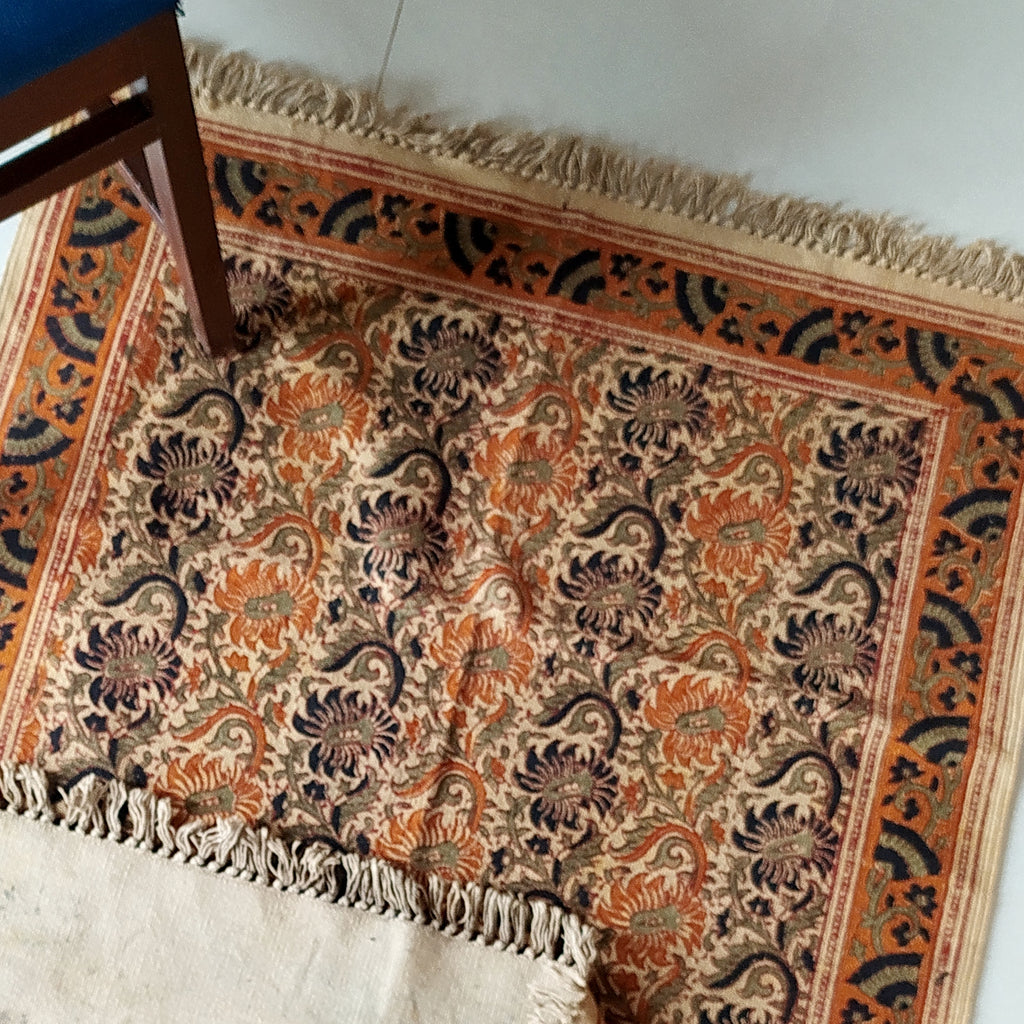 Block Printed Handwoven Pure Cotton Kalamkari Rug | Dhurrie With Floral Prints In Burgund & Deep Blue Colours. Length 5 ft x Width 3 ft