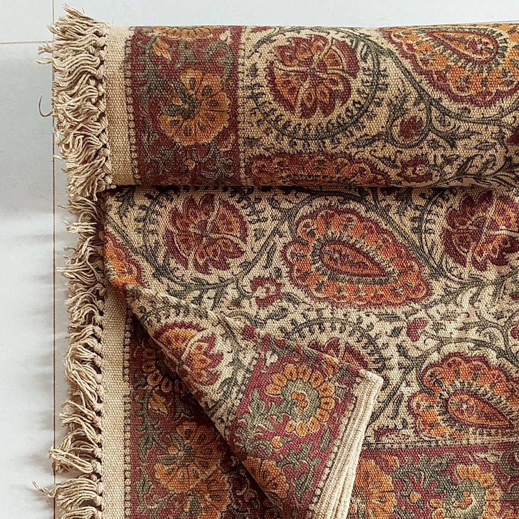 Pure Cotton Kalamkari Rug | Dhurrie With Paisley Floral Prints In Burgundy, Green & Rust Colours. L 5 ft x W 3 ft
