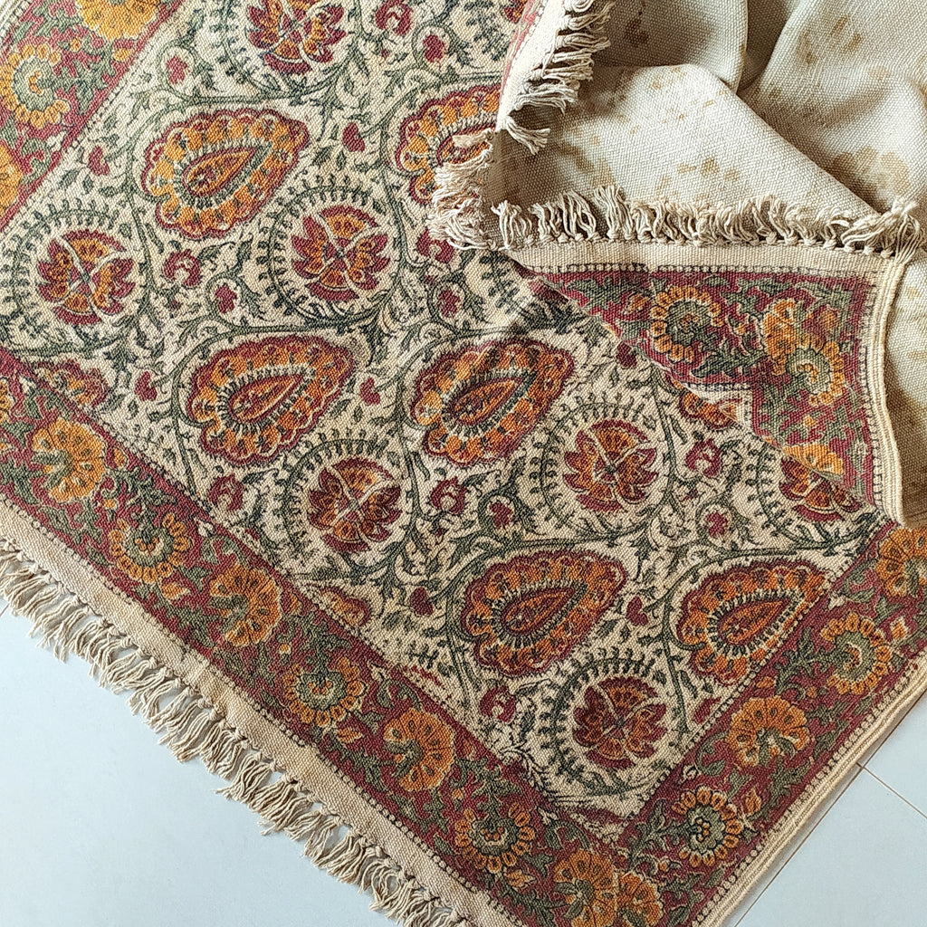 Pure Cotton Kalamkari Rug | Dhurrie With Paisley Floral Prints In Burgundy, Green & Rust Colours. L 5 ft x W 3 ft