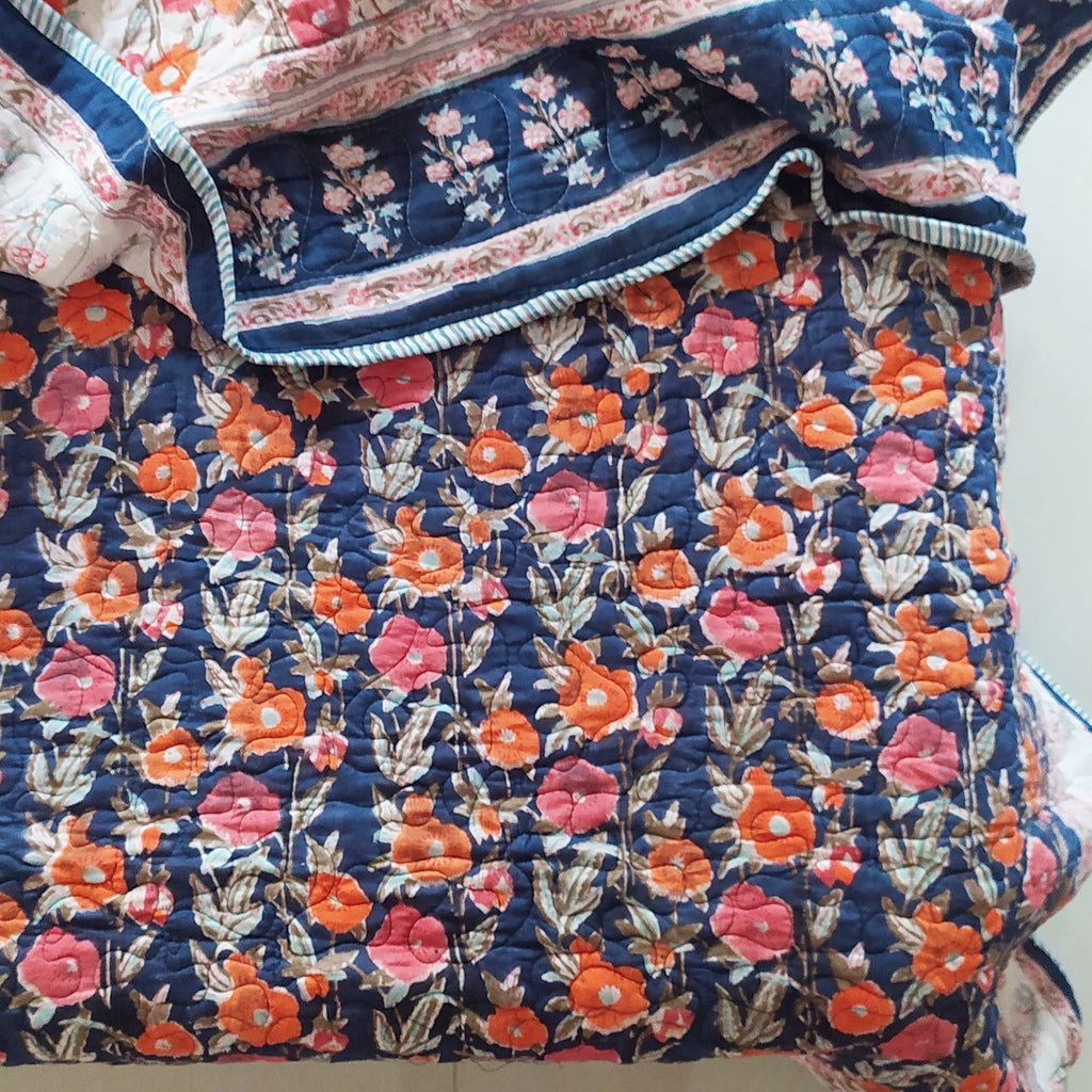 Pure Cotton Reversible Comforter | Bedspread Block Printed With Vibrant Blue & Orange Floral Prints - L 260 cm x W 215 cm